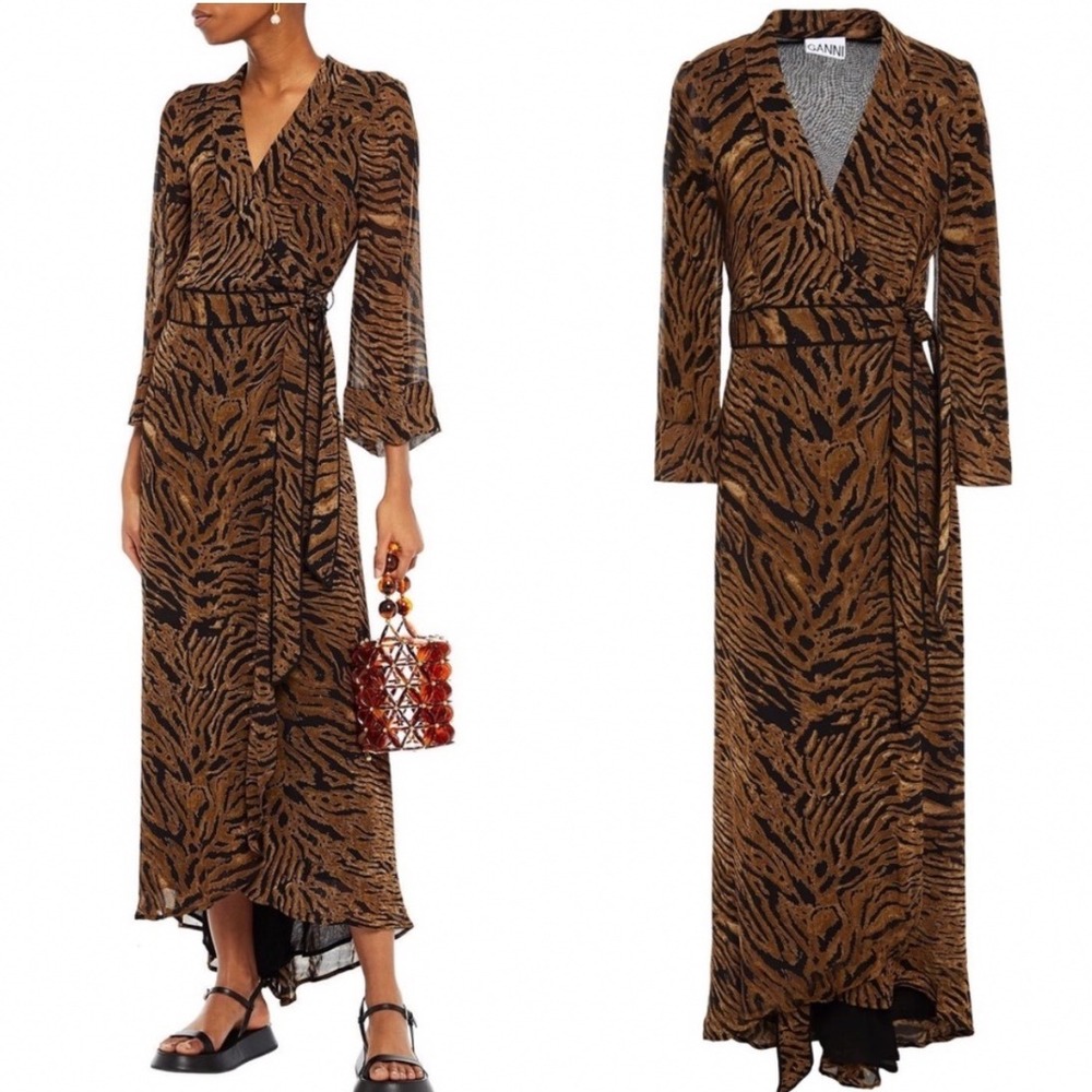 Ganni Georgette Tiger Print Wrap Maxi Dress EU 34/US 2
